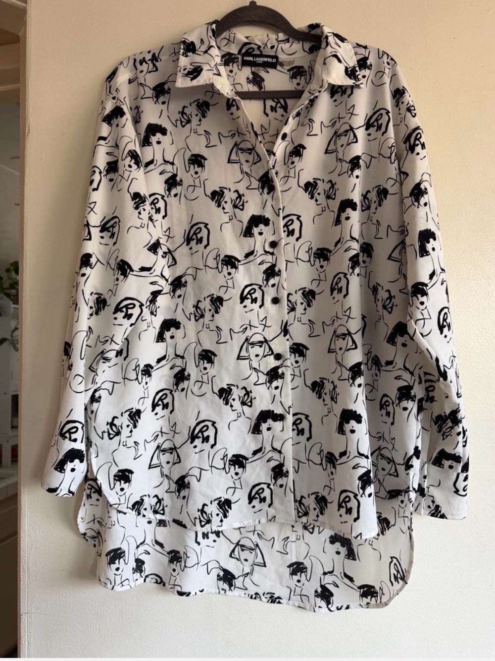 Karl Lagerfeld White and Black Illustrated Face Button-Up Blouse